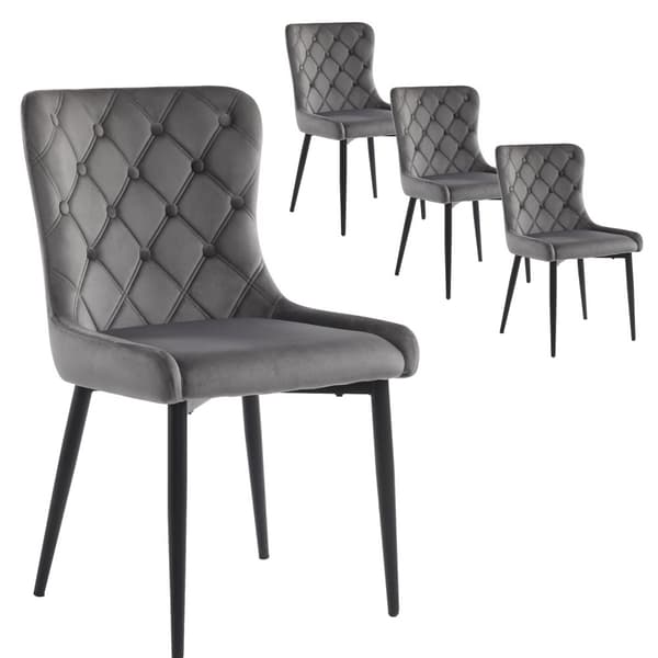 4 stk. spisebordsstole med ryglæn – køkkenstole i velour med ergonomisk design, mørkegråt sæde, sorte metalben