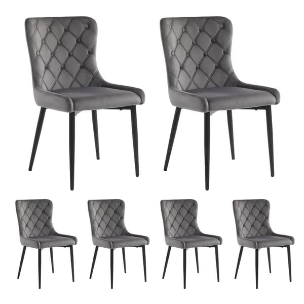 6-pak spisebordsstole med ryglæn – ergonomiske køkkenstole i mørkegråt velour med sorte metalben