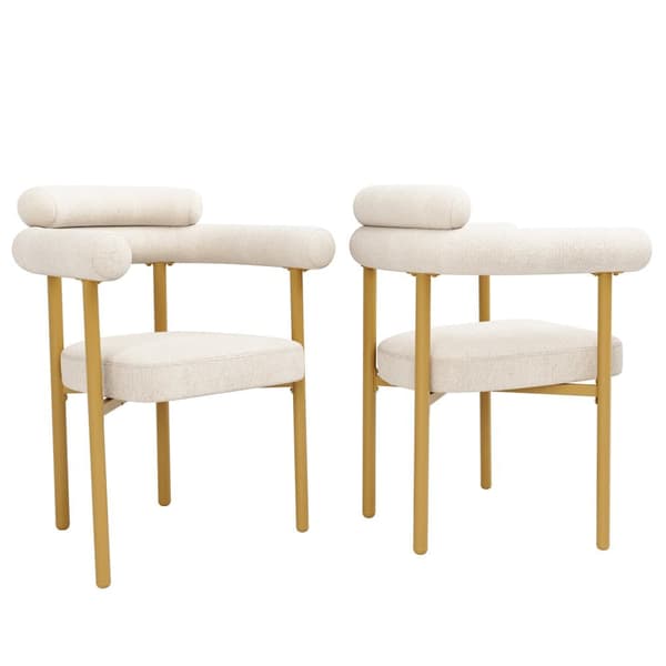 2 st matstolar i modern stil, beige konstmocka med bekväma ringsitsar, guldben
