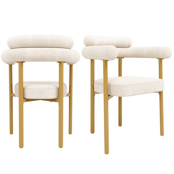 2 st matstolar i modern stil, beige konstmocka med bekväma ringsitsar, guldben