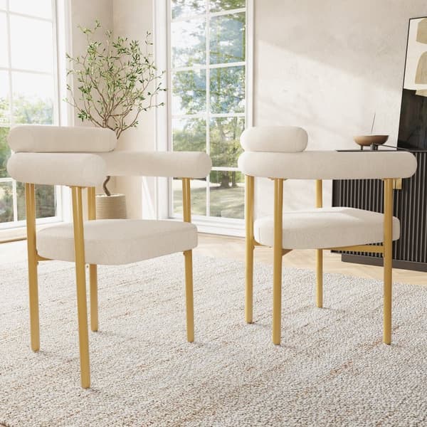 2 st matstolar i modern stil, beige konstmocka med bekväma ringsitsar, guldben