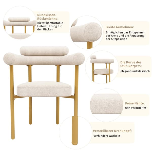 4 spisebordsstole i moderne stil – beige velour med komfortable ringsæder og guldfarvede ben