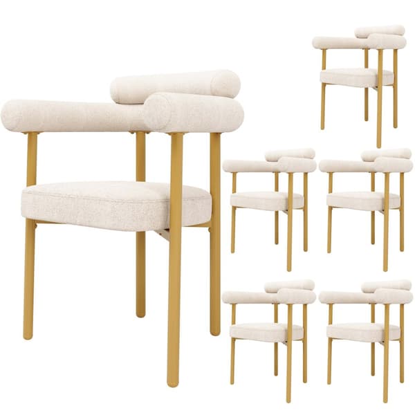 6 st matstolar i modern stil – beige sammet med bekväma ringsitsar och guldfärgade metallben