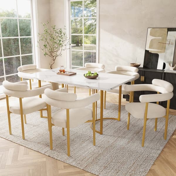 6 st matstolar i modern stil – beige sammet med bekväma ringsitsar och guldfärgade metallben