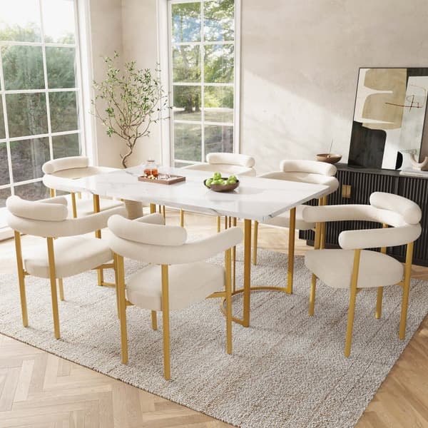 6 st matstolar i modern stil – beige sammet med bekväma ringsitsar och guldfärgade metallben
