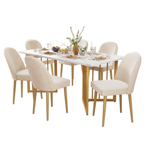 6 st matstolar i beige sammet – moderna och bekväma med guldfärgade metallben, för matsal, vardagsrum eller kontor