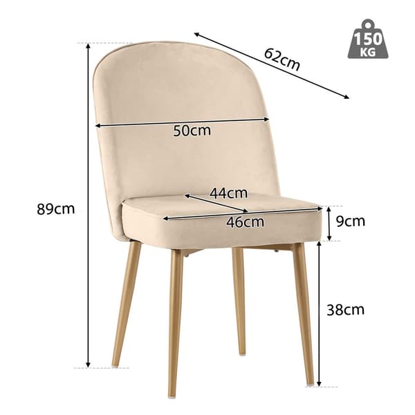 6 st matstolar i beige sammet – moderna och bekväma med guldfärgade metallben, för matsal, vardagsrum eller kontor