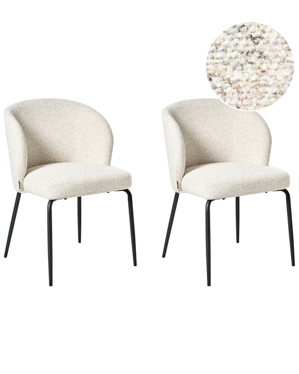 Sett med 2 Spisestoler Lys Beige Boucle Stofftrekk Polstret Sete Slanke Metallben