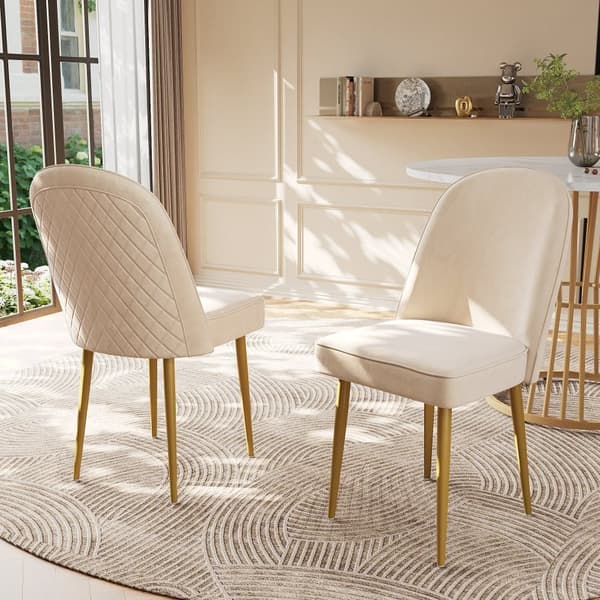 modern beige sammet matstol, 2 matstolar, guldmetallben, snygg och bekväm för matsalar