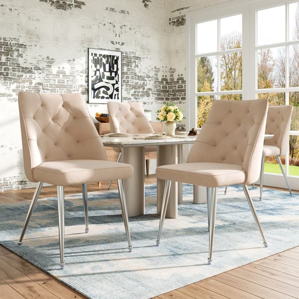 Beige Velour Matstol, 2 st., Metallben, Sminkstol, Unik Design Ljus Lyxstol, Justerbara ben