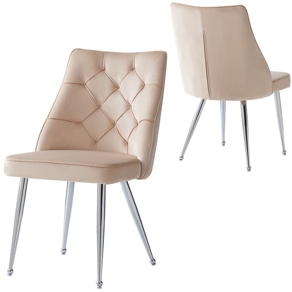 Beige Velour Matstol, 2 st., Metallben, Sminkstol, Unik Design Ljus Lyxstol, Justerbara ben