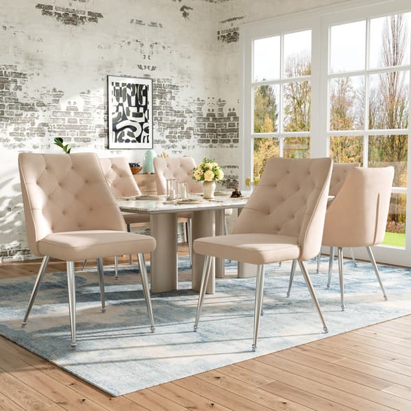Beige Velour Matstol, 2 st., Metallben, Sminkstol, Unik Design Ljus Lyxstol, Justerbara ben