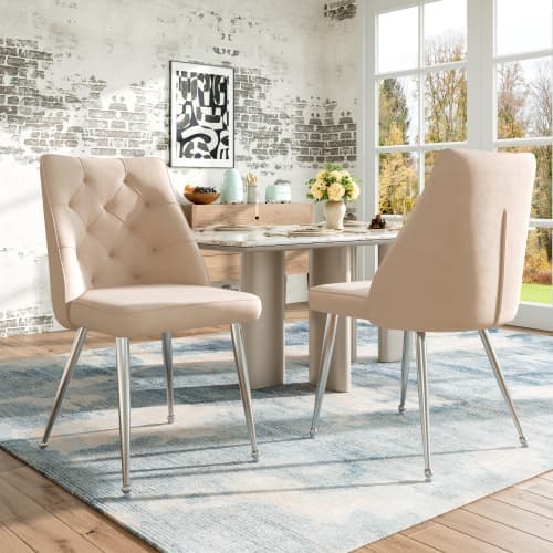 Beige Velour Matstol, 2 st., Metallben, Sminkstol, Unik Design Ljus Lyxstol, Justerbara ben