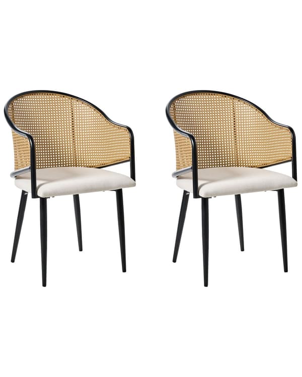 Sett med 2 spisestoler Svart Off-white Jernramme Sete i imitert lin Buet ryggstøtte Retro stil Spisestue Kjøkken