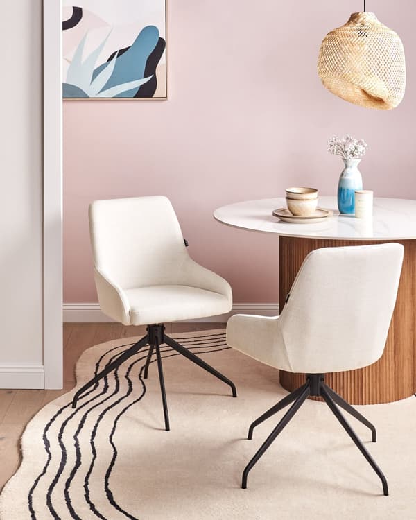Sett med 2 Svingbare Spisestuestoler Off White Stofftrekk Roterende Understell i Metall