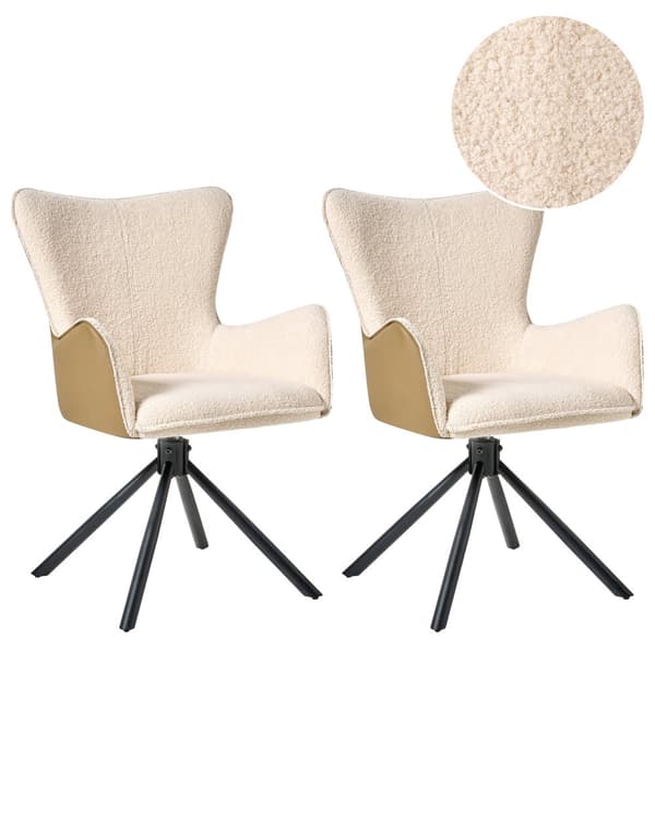 Sett med 2 Svingbare Spisestoler Lys Beige Boucle Trekk Roterende Understell i Metall