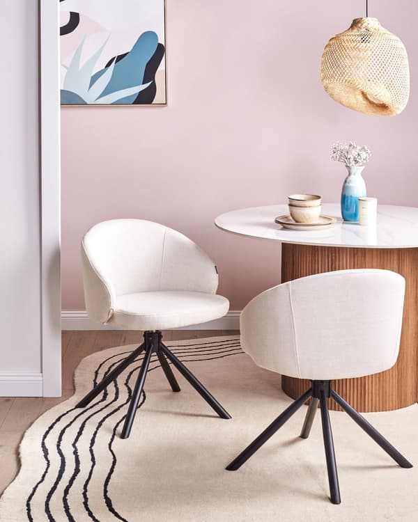 Sett med 2 Svingbare Spisestuestoler Off White Stofftrekk Roterende Understell i Metall
