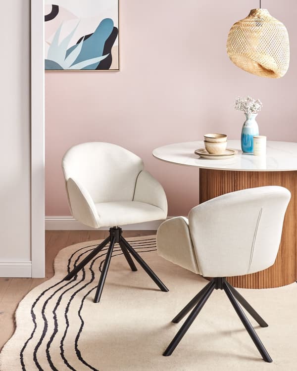 Sett med 2 Svingbare Spisestuestoler Off White Stofftrekk Roterende Understell i Metall