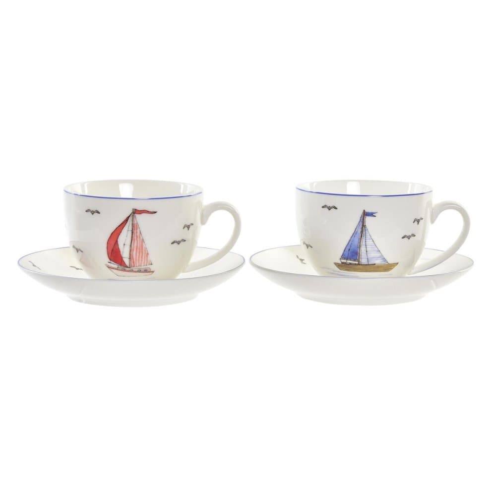 Set med kaffekoppar DKD Home Decor Segelbåtar Porslin Röd Blå (220 ml) (2 antal)