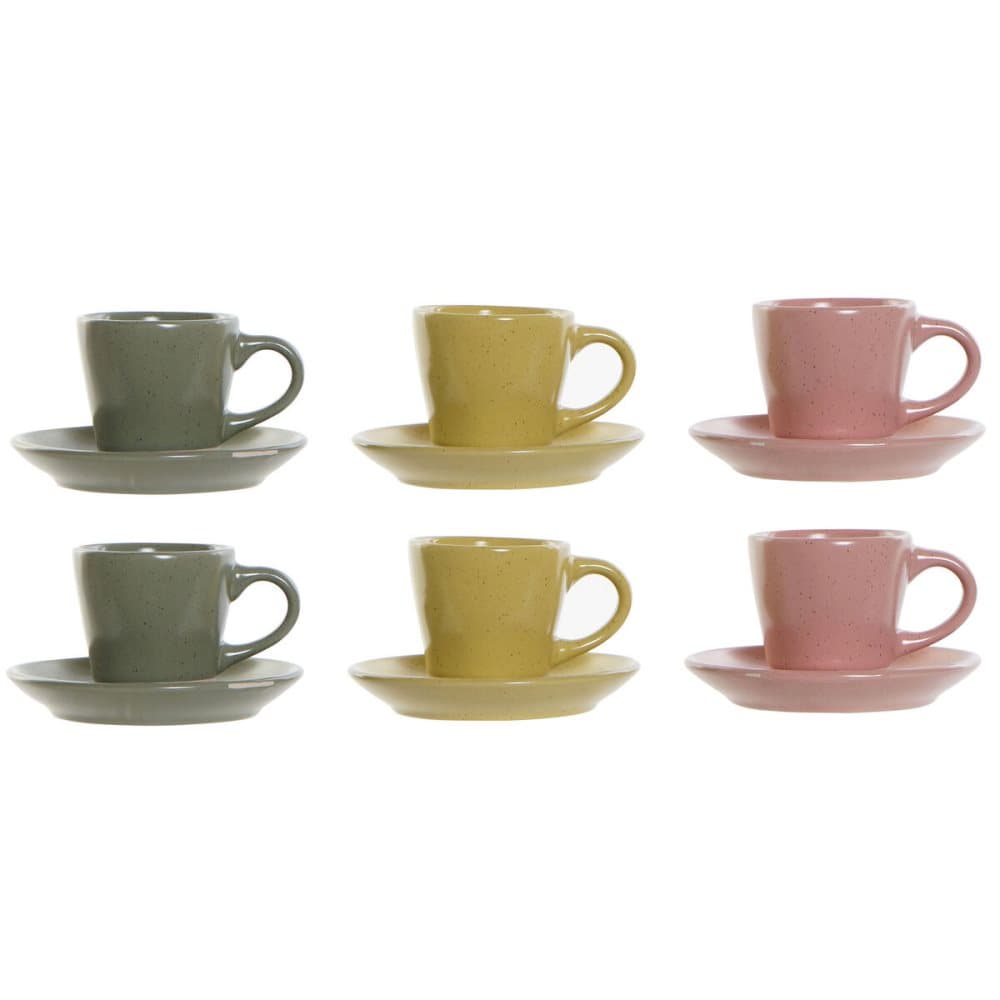 Set med kaffekoppar DKD Home Decor Grön Rosa Gul Stengods (90 ml)