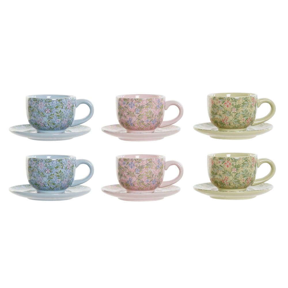 Set med kaffekoppar DKD Home Decor Blå Rosa Metall Grön Virágok Dolomite (6 pcs) (180 ml) (14 x 14 x 7 cm)