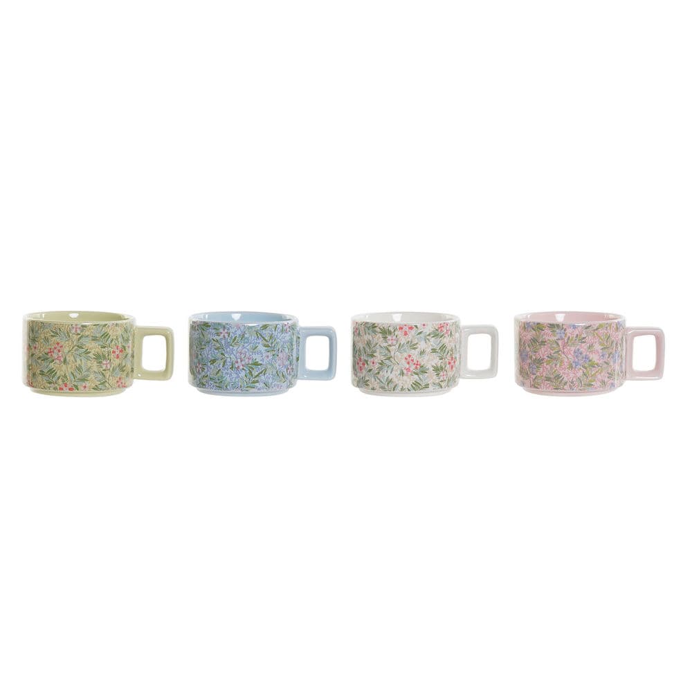 Set med kaffekoppar DKD Home Decor Blå Rosa Metall Grön Virágok Dolomite (13 x 9,5 x 6,5 cm) (4 pcs) (260 ml)