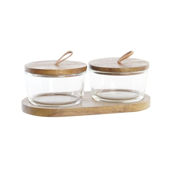 Sæt med 2 Glasbeholdere DKD Home Decor 20,5 x 10,5 x 7 cm Brun Transparent Akacietræ 240 ml - Praktisk og stilfuldt til hjemmeindretning.