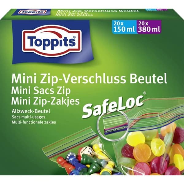 Toppits Safeloc Mini Zip Tasker 150 ml + 380 ml 40 stk