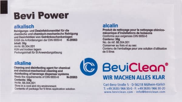 Bevi Power Powder Alkaline Rengöringsmedel, Rengöringspulver, Pulver för dryckesdispenseringssystem, dryckeslinjer - 30g, pris per styck