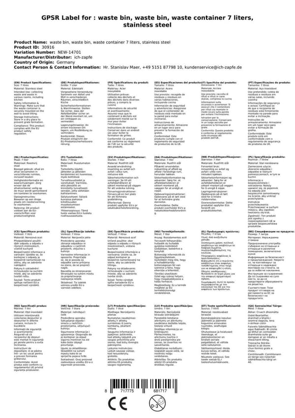 Affaldsspand, skraldespand - AC WB 7 E, rustfri stål, 7 L