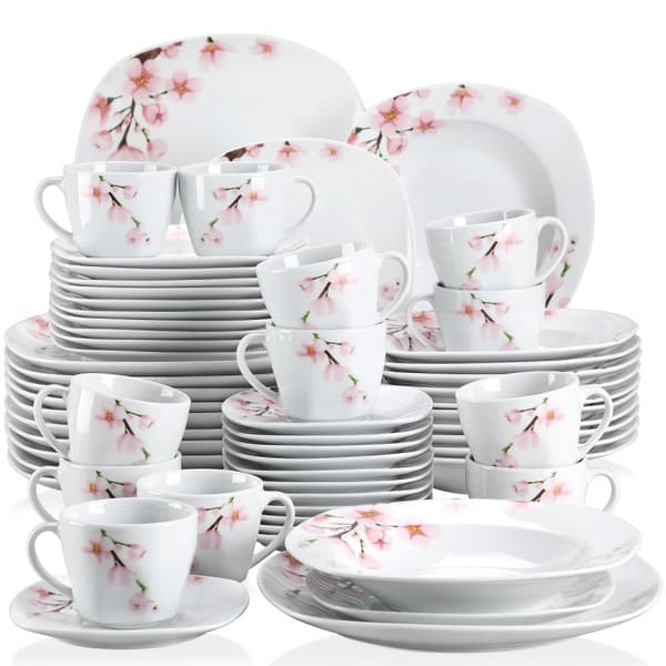 60-delars porslinsservis, rosa blommig, mikrovågsugn och diskmaskinssäker,60-delars
