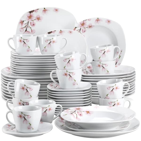 60-delt Porcelænsservise, Pink Blomstret, Mikrobølgeovn og Opvaskemaskine Sikker,60-DELE