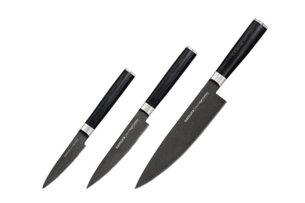 Samura MO-V Stonewash Keittiöveitsisetti: Sisältää kuorimis-, yleis- ja kokkiveitset, jotka on valmistettu korkealaatuisesta japanilaisesta teräksestä