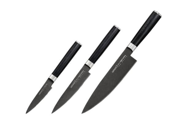 Samura MO-V Stonewash 3-delt køkkenknivsæt i gaveæske: Premium japansk stål skrællekniv, universalkniv og kokkekniv til kulinarisk ekspertise