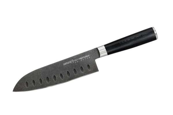 Samura MO-V 7" Stonewash Santoku Kniv - Hulslibet Japansk Stål Køkkenkniv til Præcisionsskæring og Kulinarisk Ekspertise