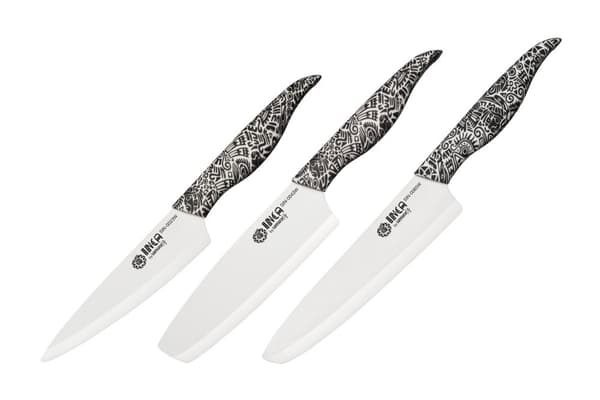 Samura INCA 3 keittiöveitsen setti - Monipuolinen yleisveitsi, Nakiri ja kokkiveitsi elegantissa valkoisessa - Premium japanilaisen teräksen kulinaari