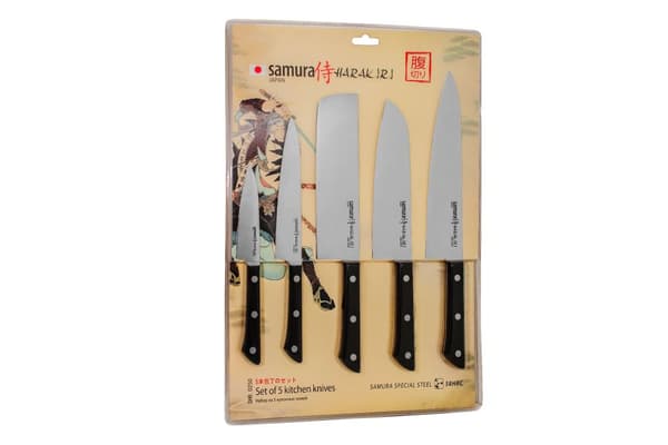 Samura HARAKIRI Professionelt 5-delt køkkenknivsæt med hvide håndtag: Skrællekniv, Universalkniv, Nakiri, Santoku og C - Premium japansk stålkøkkenkni