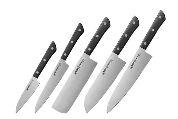 Samura HARAKIRI Professionelt 5-delt køkkenknivsæt med hvide håndtag: Skrællekniv, Universalkniv, Nakiri, Santoku og C - Premium japansk stålkøkkenkni