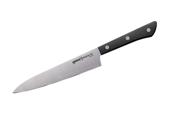 Samura HARAKIRI 6" Yleisveitsi - Ensiluokkainen japanilaisesta teräksestä valmistettu keittiöveitsi ergonomisella mustalla kahvalla tarkkaan leikkaami