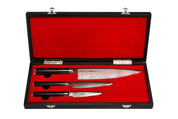 Samura Damascus Keittiöveitsisetti - 3-osainen Lahjapakkaus Kokoelma: Kuorimisveitsi, Yleisveitsi ja Kokinveitsi - Ensiluokkaiset Japanilaiset Teräksi