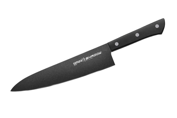 Samura Shadow køkkenkniv til begyndere, 3-delt knivsæt med 15 cm universalkniv, 9 cm grøntsagskniv og 21 cm kokkekniv. Fremstillet af ægte japansk stå