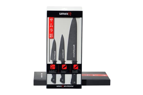 Samura Shadow køkkenkniv til begyndere, 3-delt knivsæt med 15 cm universalkniv, 9 cm grøntsagskniv og 21 cm kokkekniv. Fremstillet af ægte japansk stå