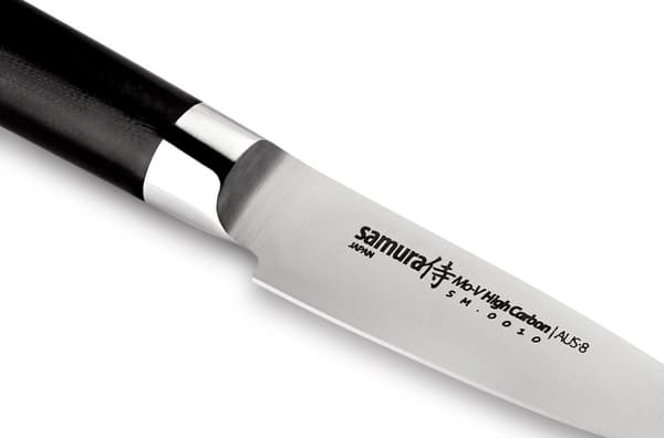Samura MO-V Profi Vihannesveitsi erittäin terävä, pieni, japanilaisesta AUS 8 -ruostumattomasta teräksestä, 8,9 cm terä, G10 hiilikuitukahvalla, kuori