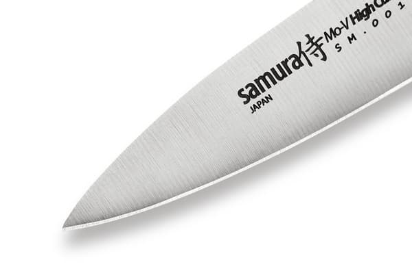 Samura MO-V Profi Vihannesveitsi erittäin terävä, pieni, japanilaisesta AUS 8 -ruostumattomasta teräksestä, 8,9 cm terä, G10 hiilikuitukahvalla, kuori