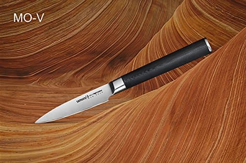 Samura MO-V Profi Vihannesveitsi erittäin terävä, pieni, japanilaisesta AUS 8 -ruostumattomasta teräksestä, 8,9 cm terä, G10 hiilikuitukahvalla, kuori