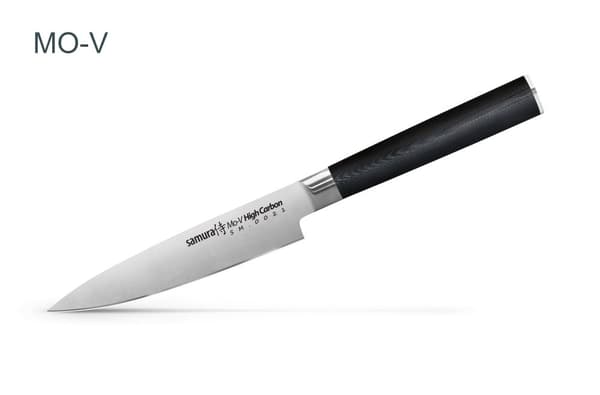 Samura MO-V Veitsisetti lahjapakkauksessa puulaatikossa, erittäin terävä, japanilaisesta AUS 8 ruostumattomasta teräksestä, 18 cm terä, G10 hiilikuitu