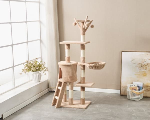 LIVIT Premium Kattehus med Kradsetræ, Beige, 34x48x138 cm