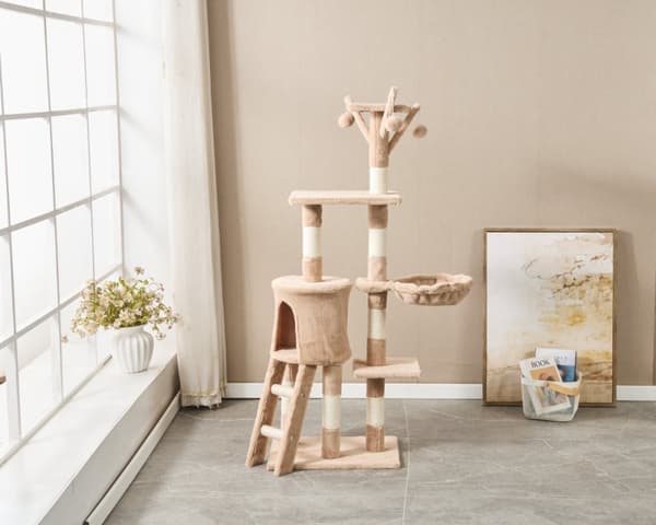 LIVIT Premium Kattehus med Kradsetræ, Beige, 34x48x138 cm