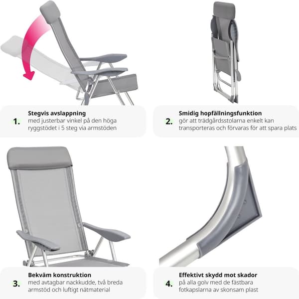 4 trädgårdsstolar i aluminium med nackkudde - grå