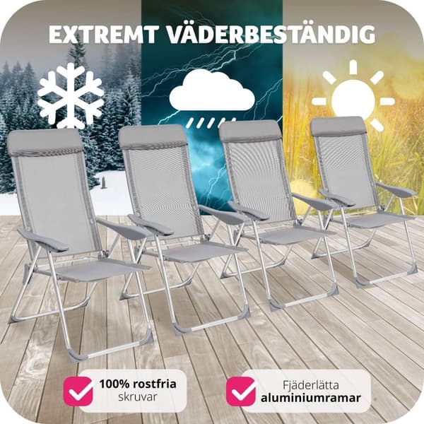 4 trädgårdsstolar i aluminium med nackkudde - grå